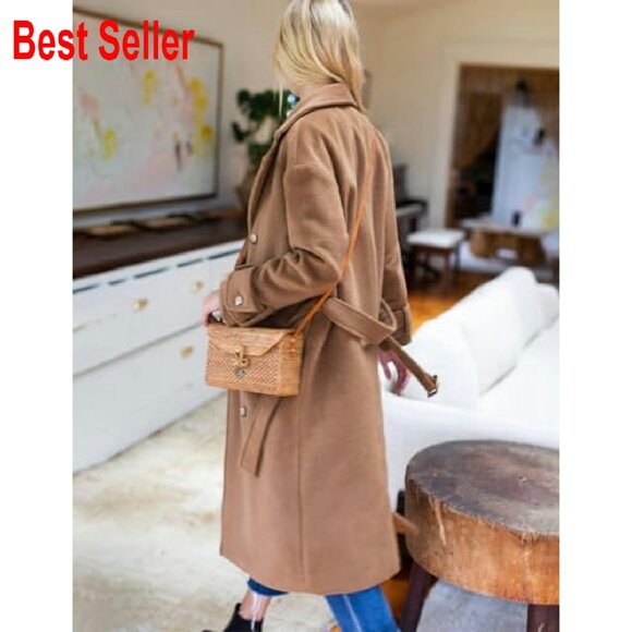 Wool Trench Coat Classic Double Breasted Oversized Chic Fall Winter Peacoat - Picture 5 of 6